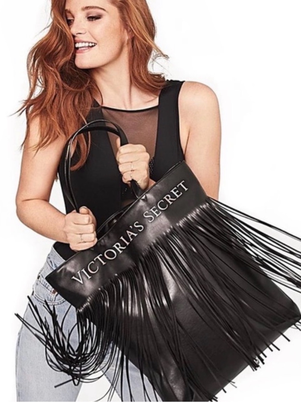 VICTORIA’S SECRET Flirty Fringe Tote Bag Black Faux Leather Limited Edition